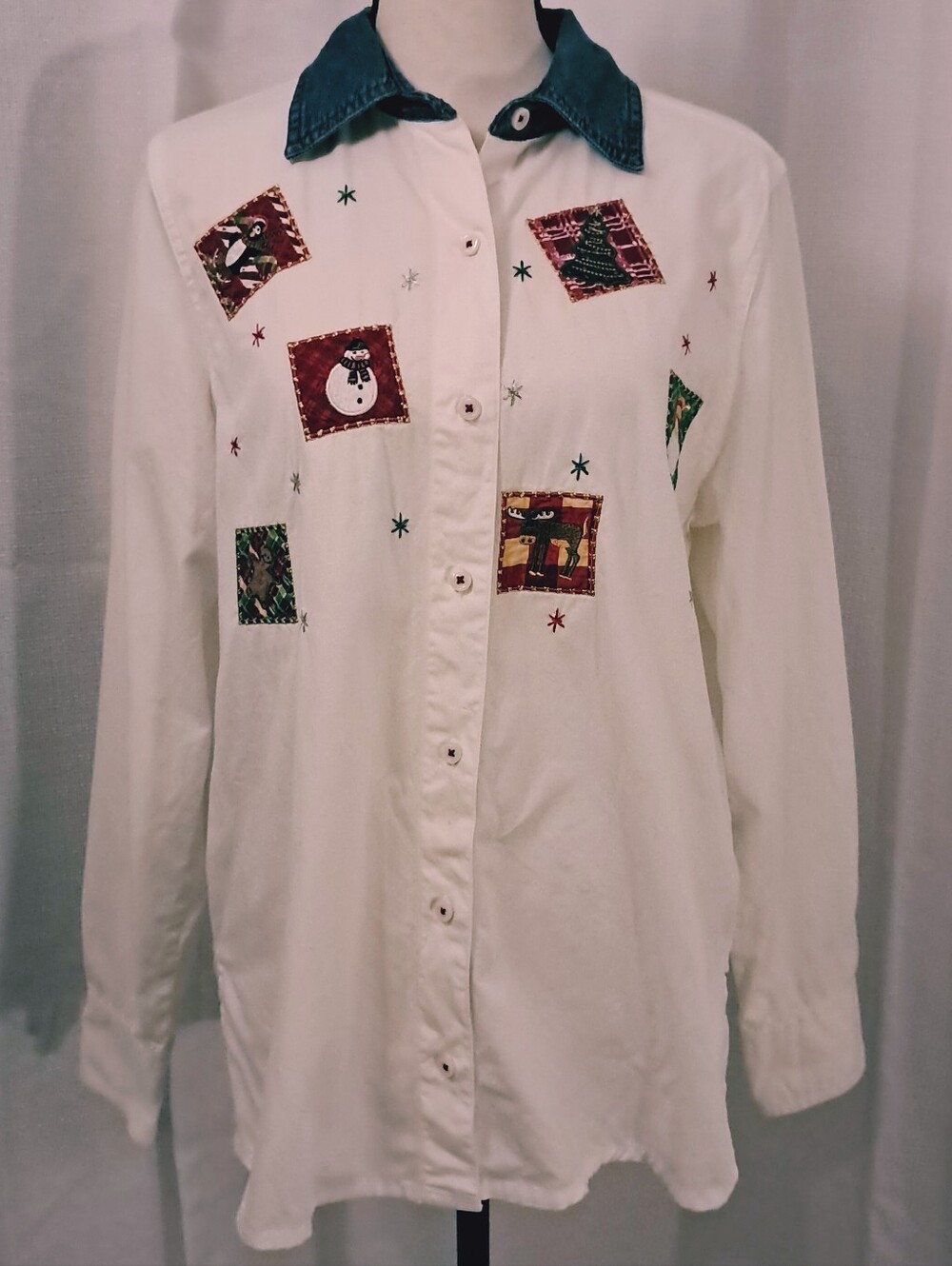 Vintage Christmas Woodland Embroidered Patchwork Cotton Button-Down Shirt S